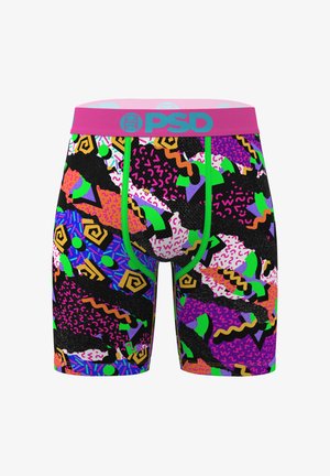Herenboxers met felle abstracte geometrische vormen in groen, paars, oranje, zwart en roze, en een roze tailleband met het label PSD.