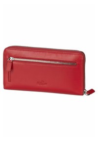 Portefeuille en cuir rouge avec fermeture éclair, poche zippée à l'avant et protection RFID. Texture lisse et coutures accentuées.