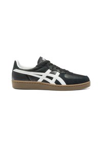 Black leather and mesh sneaker with white stripes, round toe, and tan rubber sole. Laces and cushioned collar detail visible.