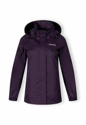 Purple waterproof jacket with a hood, featuring a zip closure, elastic cuffs, and a logo on the upper left side. Smooth texture.