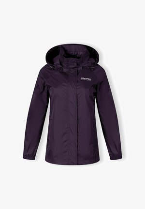 Violetti vedenpitävä takki huppulla, jossa on vetoketjukiinnitys, joustavat hihansuut ja logo vasemmalla ylhäällä. Sileä pinta.