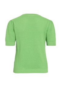 Zeleno kratkodlako pleteno pulover z teksturirano tkanino in rebrastimi manšetami, klasičnim okroglim izrezom in sproščenim krojem.