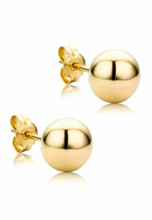 Orecchini a bottone in oro con design sferico lucido. Presentano una superficie liscia e una chiusura a farfalla sicura. La superficie riflettente amplifica la brillantezza.