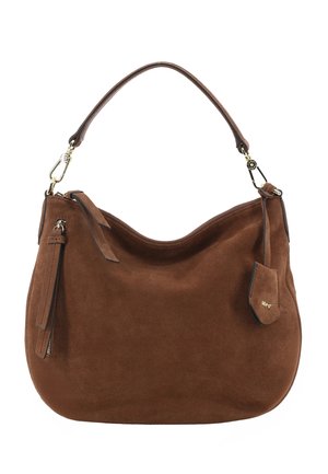 Brown suede handbag with single shoulder strap, zipper detail on left side, and small attached tag with brand name.