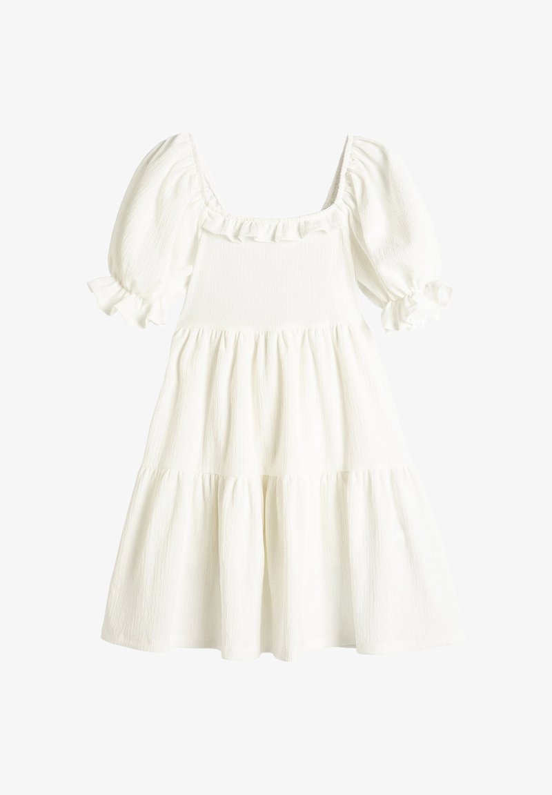 Wit, jurk tot de knie met een vierkante halslijn, korte pofmouwen, gerimpelde accenten en een gelaagd rokontwerp in gestructureerde stof.