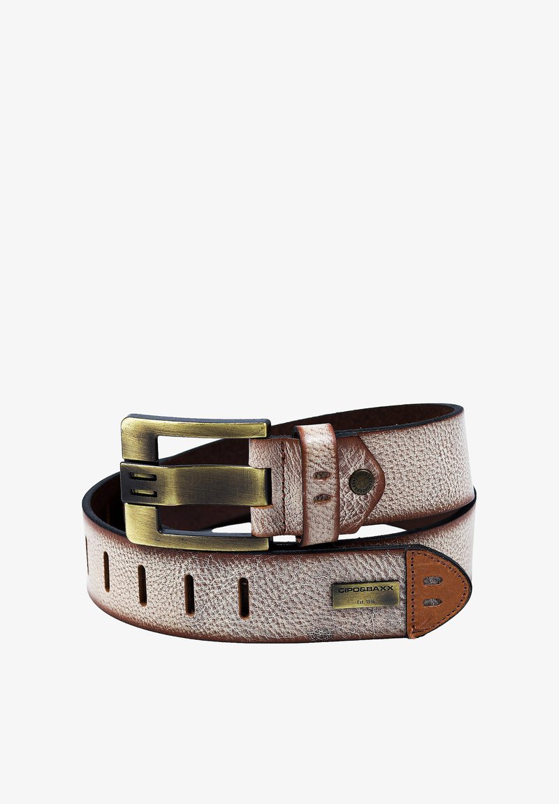 Leather belt in light beige with a textured finish. Features a brass buckle and brown trim, with adjustable holes and branding detail.