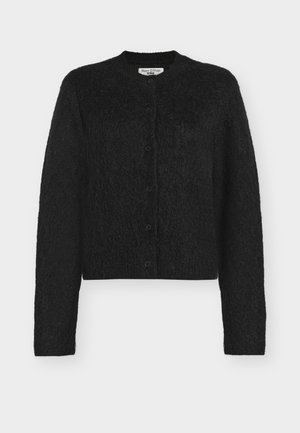 Cardigan nero in maglia con maniche lunghe, scollo tondo e chiusura con cinque bottoni. Tessuto testurizzato con design corto e sensazione morbida.