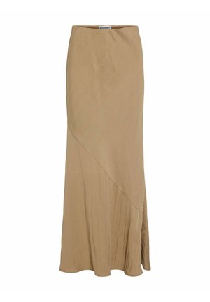 Pikk beež seelik kerge asümmeetrilise õmblusega ja allääre lehviga, valmistatud kergest kangast, sildistatud "Rouge Edit."