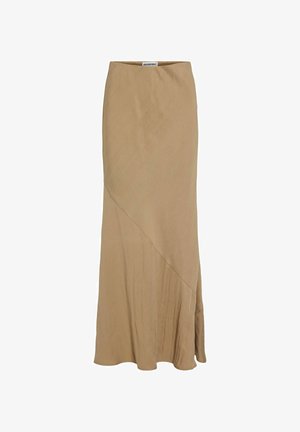 Pikk beež seelik kerge asümmeetrilise õmblusega ja allääre lehviga, valmistatud kergest kangast, sildistatud "Rouge Edit."