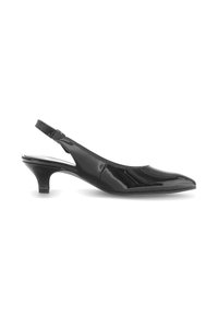Zwarte gepatineerde leer slingback pump met een puntige neus en een lage, cilindrische hak. Glad textuur met een glanzende afwerking.