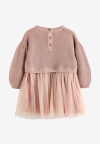 Vestido de bebé de punto rosa de manga larga con tres botones en la parte trasera y una sobrefalda de tul transparente y brillante.