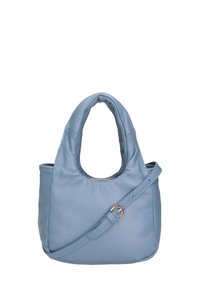 Borsa a tracolla in pelle blu con doppi manici corti e una tracolla lunga regolabile. Presenta una chiusura con zip e una texture liscia. Design compatto e minimale.