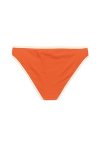 Oranžinė maudymosi kelnaitė su lygiu paviršiumi, kuriame yra balti elastingi kraštai juosmenyje ir kojų angose. Sukurta plaukiojimui.