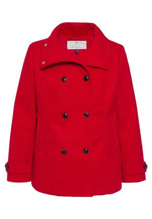 Abrigo de mezcla de lana rojo, de doble botonadura, con cuello de muesca, botones negros y bolsillos laterales. Tiene mangas largas y un corte a medio largo.