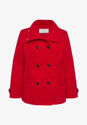 Rød uldblandet dobbeltbrystet frakke med klippet krave, sorte knapper og sidelommer. Har lange ærmer og en mellemlang pasform.