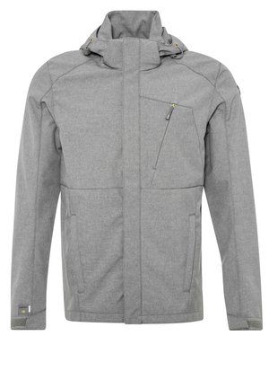 Giacca grigia con cappuccio, zip frontale coperta da patta, tasca sul petto con zip obliqua, due tasche laterali e polsini con velcro.