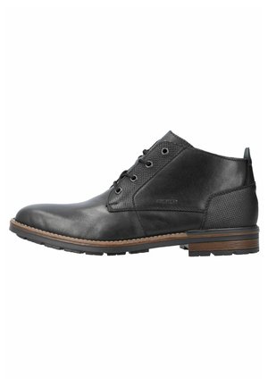 Black leather ankle boots with a textured panel, six-eyelet lacing, rounded toe, and a brown-trimmed rubber sole.
