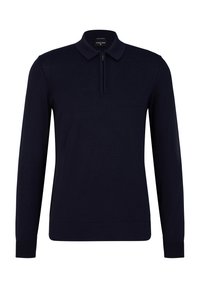 Marineblaues Langarm-Polohemd mit kurzem Reißverschluss an der Vorderseite, gerippten Bündchen und einer glatten Textur; aus weichem Stoff mit einem klassischen Kragendesign gefertigt.