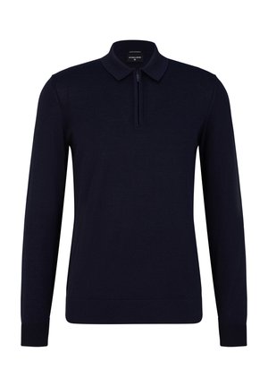 Marineblaues Langarm-Polohemd mit kurzem Reißverschluss an der Vorderseite, gerippten Bündchen und einer glatten Textur; aus weichem Stoff mit einem klassischen Kragendesign gefertigt.