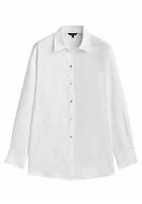 Camicia bianca a maniche lunghe con colletto e polsini, esposta su uno sfondo semplice.