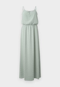Robe maxi vert clair sans manches avec fines bretelles et petits pois blancs, dotée d'une taille élastique et d'une coupe ample.