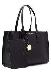 Svart läder tote-väska med två handtag, dragkedjeslutning och en avtagbar ficka. Har en gyllene cirkulär detalj och en stilren design.