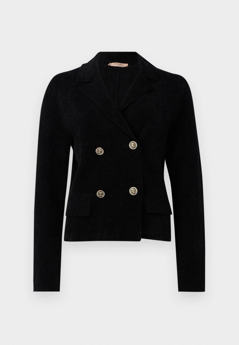 Schwarze, doppelt-knöpfte Blazer mit goldfarbene Knöpfen, taillierte Passform, Reverskragen und zwei vorderen Taschen, aus strukturiertem Stoff gefertigt.