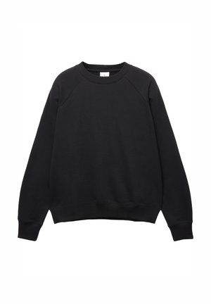 Sweatshirt noir à manches longues raglan, col et ourlet côtelés. Texture lisse, design simple, sans motifs ni accents visibles.