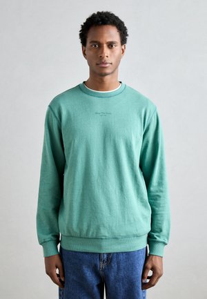 Light green sweatshirt made of soft fabric, featuring a crew neck, long sleeves, and a subtle logo printed at the chest. Paired with blue jeans.