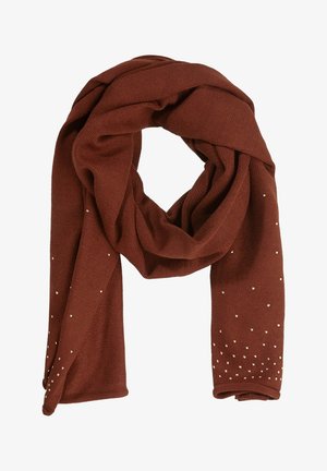 Écharpe en tricot marron avec une texture douce, ornée de petits accents argentés dispersés le long d'un bord pour le détail et le design.