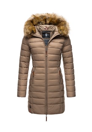 Beige pūkinis parka su nuimamais kailiniais gobtuvu, užtrauktuku ir dviem šoninėmis kišenėmis su rudo atspalvio akcentais. Yra siuvinėtos tekstūros dizainas.