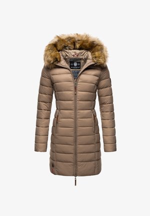 Parka acolchonada beige con capucha desmontable forrada de piel, cierre de cremallera y dos bolsillos laterales con detalles en marrón. Presenta una textura de diseño acolchado.