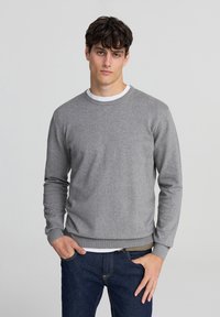 Felpa grigia a girocollo in morbido tessuto con maniche lunghe e polsini a costine. Indossata sopra una t-shirt bianca, abbinata a jeans blu scuro.