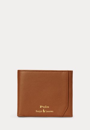 Portefeuille bifold en cuir marron avec logo Polo Ralph Lauren doré embossé dans le coin inférieur avant, sur un fond uni.