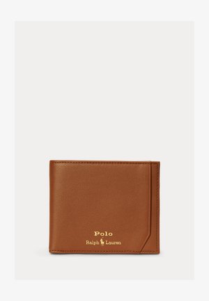 Brown leather bifold wallet with gold Polo Ralph Lauren logo embossed on lower front corner against a plain background.