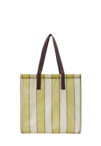 Przezroczysta torba siatkowa z żółtymi, białymi i szarymi pasami, z czarnymi i czerwonymi paskami na uchwytach.