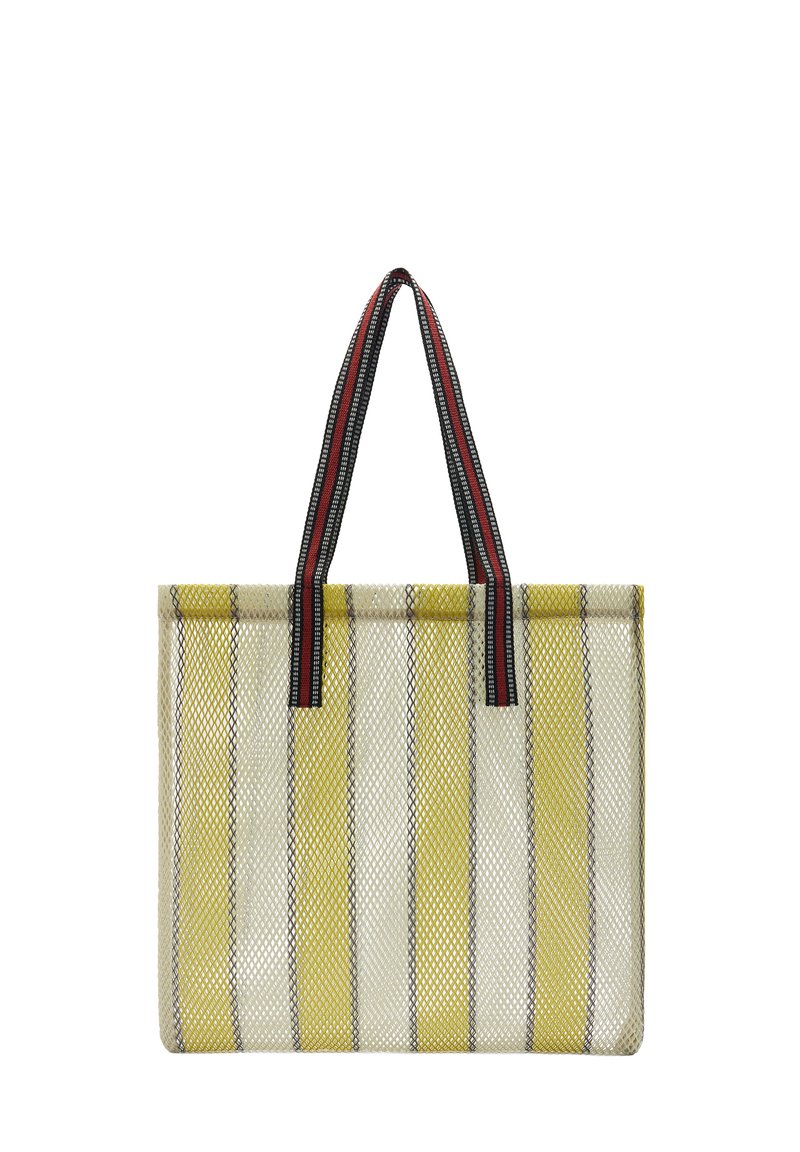 Przezroczysta torba siatkowa z żółtymi, białymi i szarymi pasami, z czarnymi i czerwonymi paskami na uchwytach.