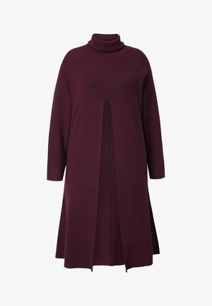 Violet gebreide coltrui jurk met een uitgesneden middenpaneel, lange mouwen en een flared zoom voor een losse, comfortabele pasvorm.