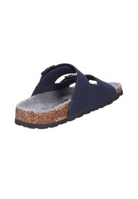 Sandal navy blu con tomaia in tessuto texture, soletta in sughero e insole grigia. Design open-toe con cinturini incrociati per supporto.