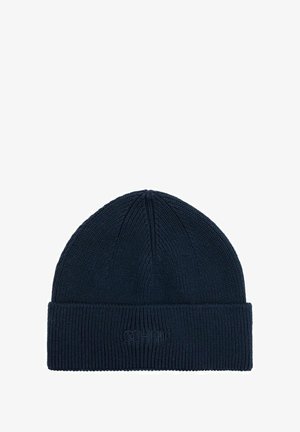 Granatowa dziergana czapka z prążkowaną teksturą i podwiniętym brzegiem. Posiada subtelny haft z przodu.