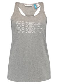 Šedý bezrukávový top s potiskem bílého textu "O'Neill" opakovaně. Vyroben z měkké, lehké tkaniny s kulatým výstřihem a designem s otevřeným zadním dílem.