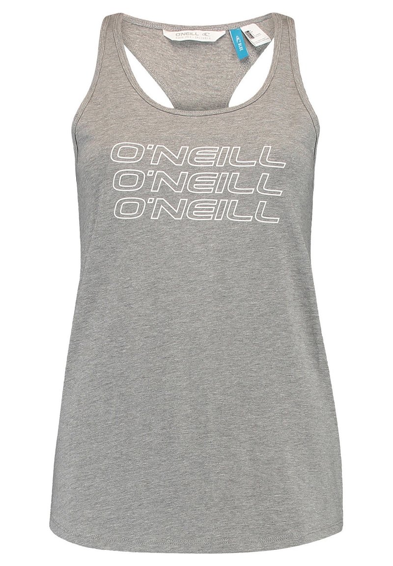 Šedý bezrukávový top s potiskem bílého textu "O'Neill" opakovaně. Vyroben z měkké, lehké tkaniny s kulatým výstřihem a designem s otevřeným zadním dílem.