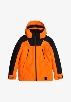 Chaqueta con capucha naranja y negra con cremallera frontal, dos bolsillos en el pecho con cremallera y la marca "BOSS" en los puños.