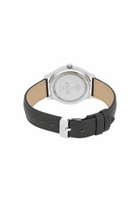Armbanduhr mit schwarzem Lederarmband, silbernem Gehäuse aus Edelstahl, runder Form und graviertem Boden mit Markendetails. Verstellbare Schließe.