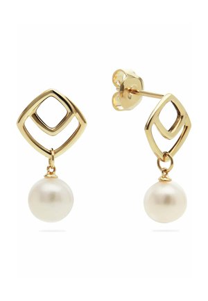 Gold earrings featuring a geometric design with a cut-out square and a white pearl hanging below. Smooth texture with polished finish.