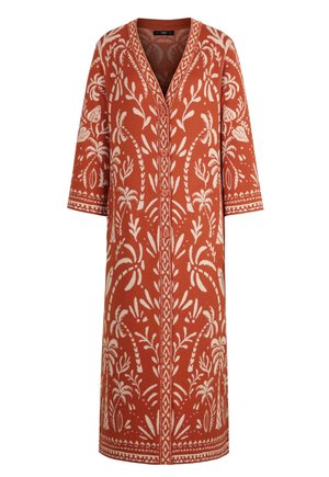 Pikk roostepunane nööpidega kardigan kreemika botaanilise mustriga, kolmeveerand varrukatega ja V-kaelusega kraega.