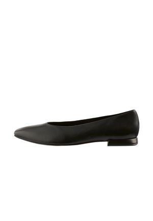 Black leather ballet flat with a pointed toe and low, squared heel. Smooth texture and minimalist design, suitable for casual or formal wear.