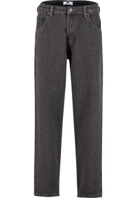 Donkergrijze rechte denimjeans met voorzakken, riemlussen en een knoopsluiting in de taille.