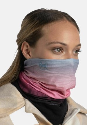 Cuello tubular Buff en tonos degradados de azul y rosa, fabricado con tela ligera y elástica, con un logotipo impreso en la parte delantera.