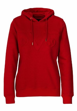 Red hoodie with a textured logo reading "1969" in the center. Features a drawstring hood and ribbed cuffs, crafted from soft material.